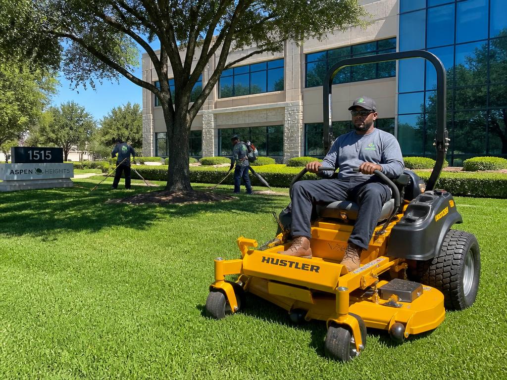 Landscaper maintaining the lawn at a commercial property