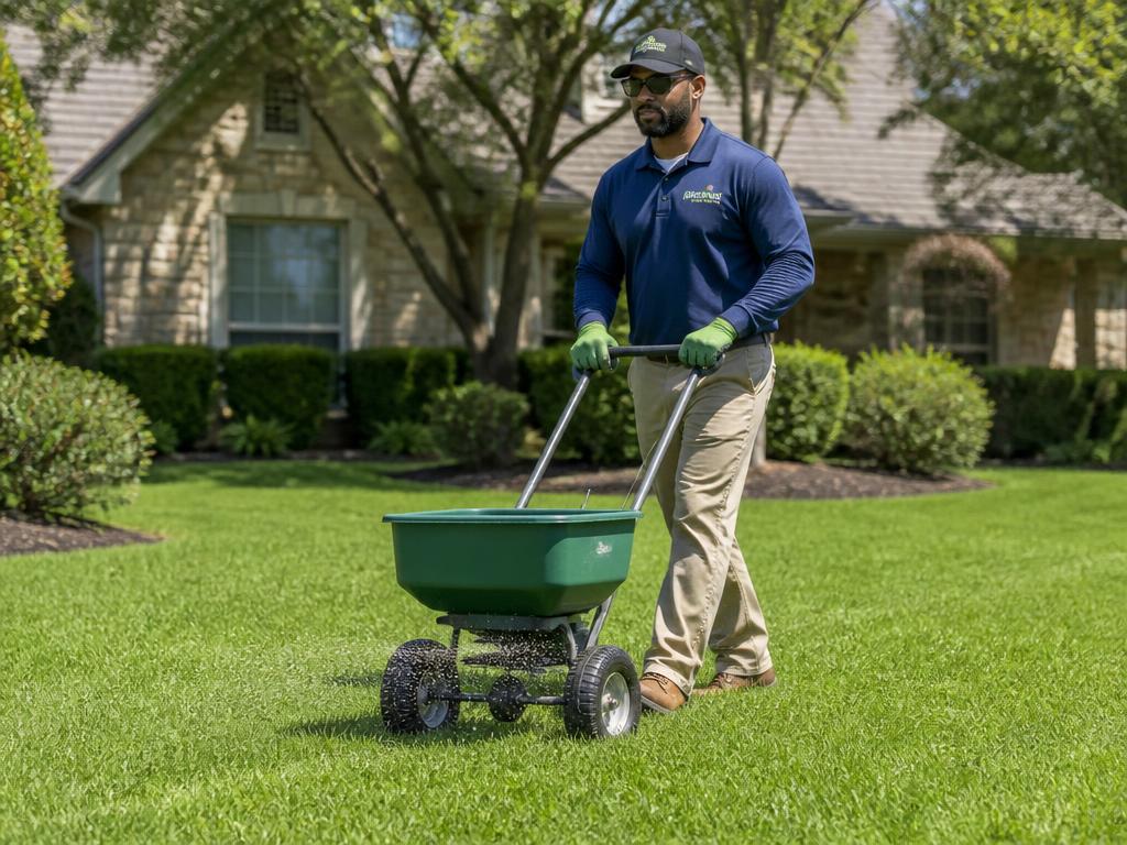 Lawn care professional applying fertilizer with a spreader