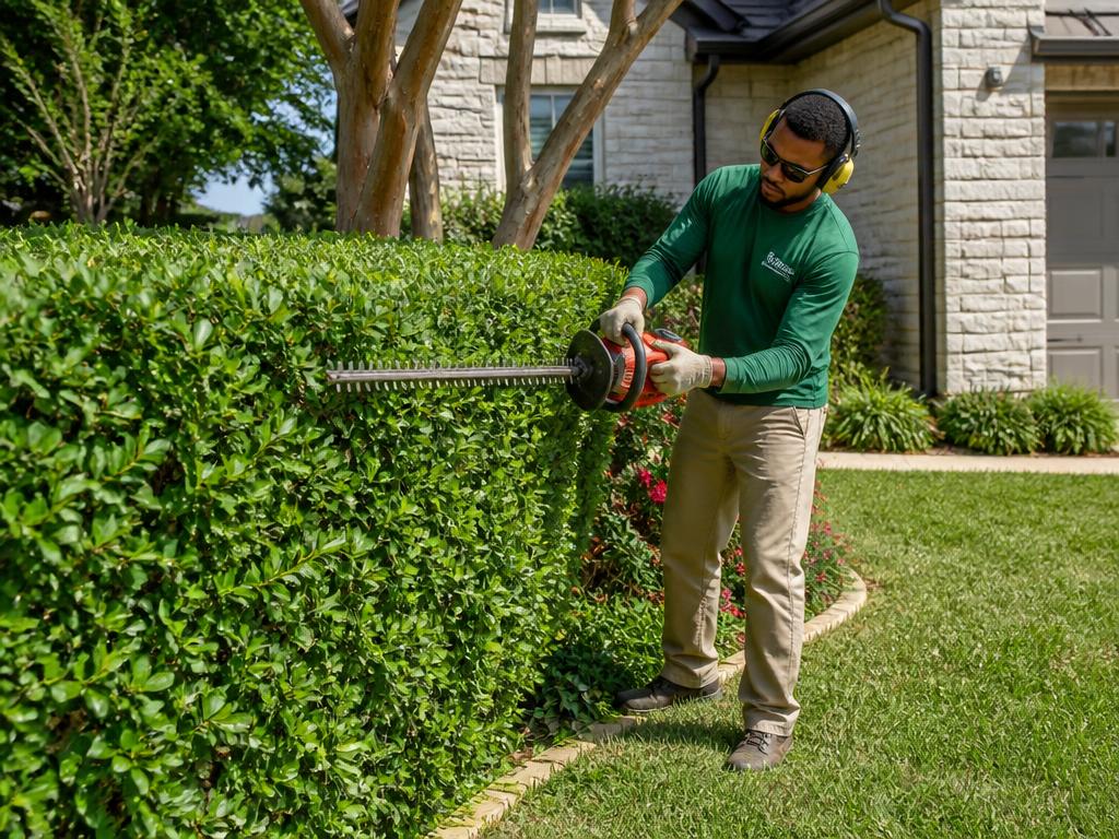 Professional trimming a lush green hedge