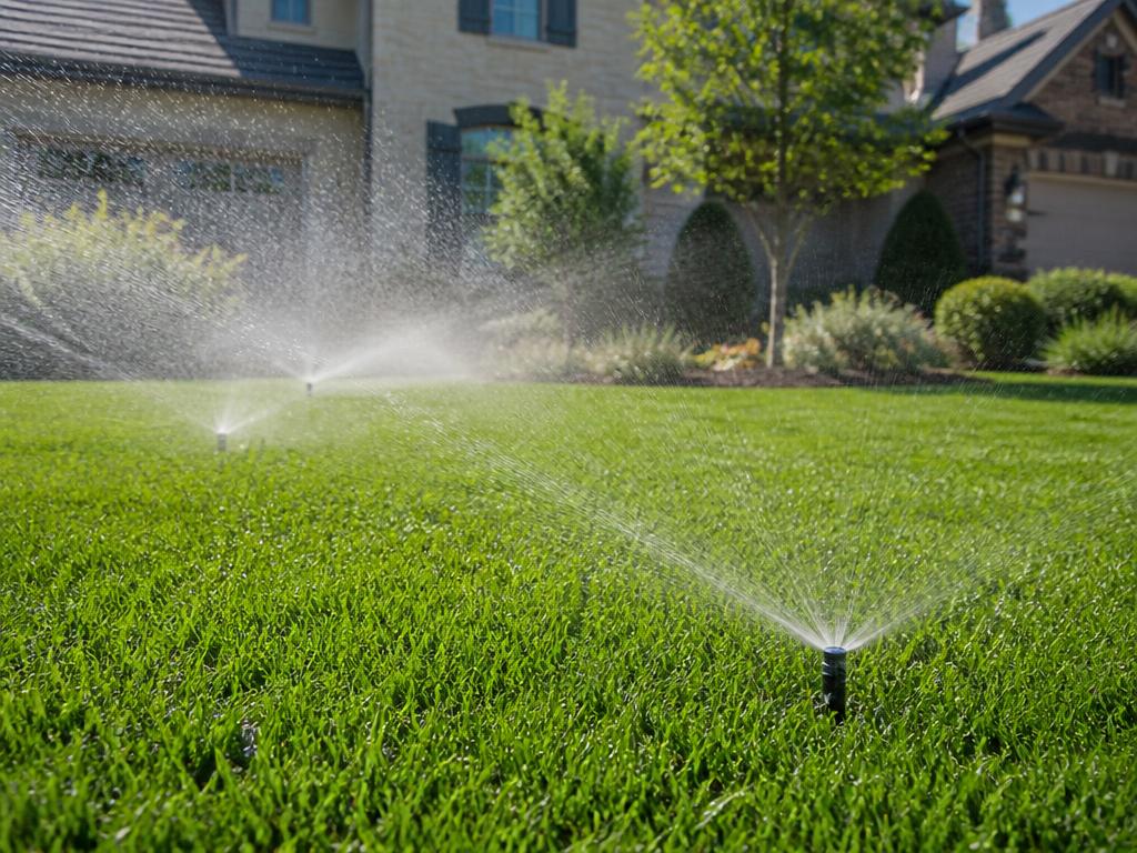Irrigation sprinklers watering a healthy green lawn