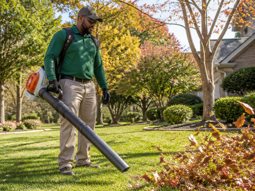 Seasonal leaf cleanup on a residential lawn